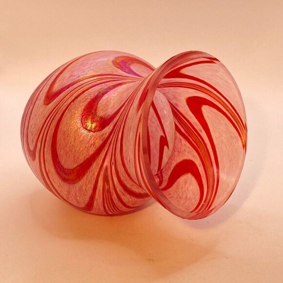 Studio Art Glass Vase Iridescent With Emerald Red Swirls Hand Blown Glass - Picture 6 of 11